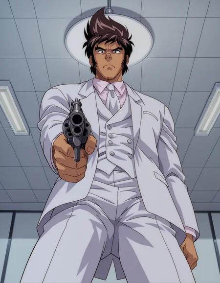 1boy, solo, <lora:aika-illustrious-v3:0.9> guturb, white suit, frown, revolver, aiming at viewer, from below, ceiling light