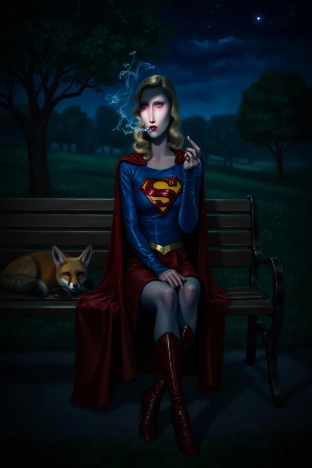 troybrooks1 painting.
A woman dressed as Supergirl, sitting on a park bench at night. She is smoking. There is a fox sitting beside her. <lora:troybrooks1_cap_d8a4e10:1.0><lora:854071690013976281:0>