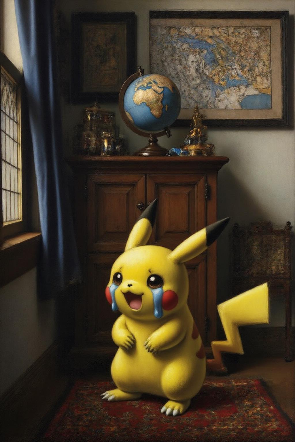 janver1 oil painting. Pikachu crying, large tear drops on his face, In the background, a wooden cabinet is visible, with a globe on top of it. To the right of the cabinet, a framed map is hanging on the wall. A window with a blue curtain is visible on the left side of the frame. <lora:janver3_handc_d6a3e13:1.0><lora:806201873259523590:0>