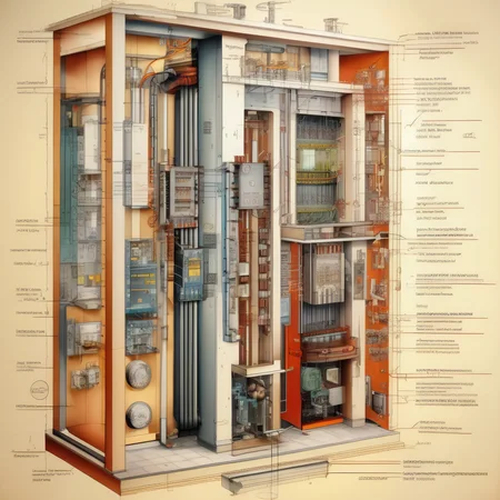 <lora:Isometric Cutaway:1>,Isometric Cutaway ,The electrical schematic diagram of the elevator is explained and the role of each electrical circuit is explained.