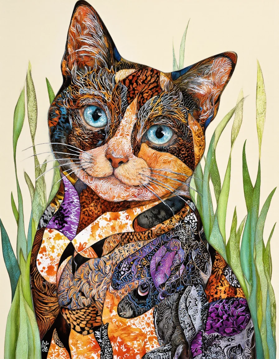 Art by Tigran Matulian. A vibrant and detailed portrait of a cat with intricate patterns and bright blue eyes, set against a backdrop of tall green grass. the cat is positioned in the center of the image, facing the viewer with its head turned slightly to the side, showcasing its expressive features. its fur is intricately designed with a mix of black, orange, and purple patterns, creating a unique and eye-catching design. the background is a simple beige color, allowing the focus to remain on the cat's face and the intricate details of its fur. the artist's signature is visible in the bottom right corner, adding a touch of professionalism to the artwork. the overall style is reminiscent of zentangle art, with bold lines and vibrant colors that bring the cat to life.