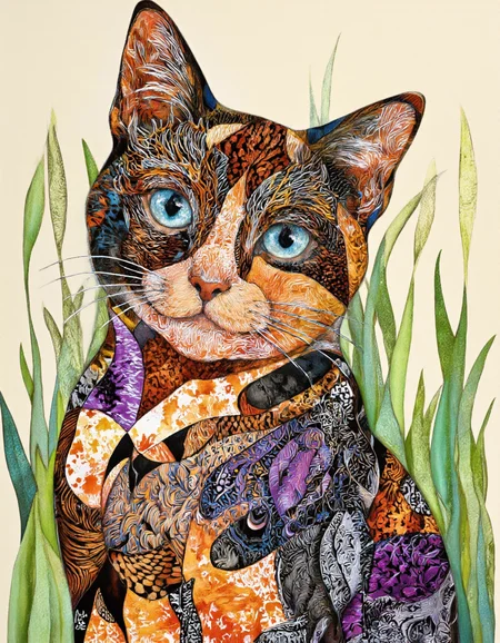 Art by Tigran Matulian. A vibrant and detailed portrait of a cat with intricate patterns and bright blue eyes, set against a backdrop of tall green grass. the cat is positioned in the center of the image, facing the viewer with its head turned slightly to the side, showcasing its expressive features. its fur is intricately designed with a mix of black, orange, and purple patterns, creating a unique and eye-catching design. the background is a simple beige color, allowing the focus to remain on the cat's face and the intricate details of its fur. the artist's signature is visible in the bottom right corner, adding a touch of professionalism to the artwork. the overall style is reminiscent of zentangle art, with bold lines and vibrant colors that bring the cat to life.