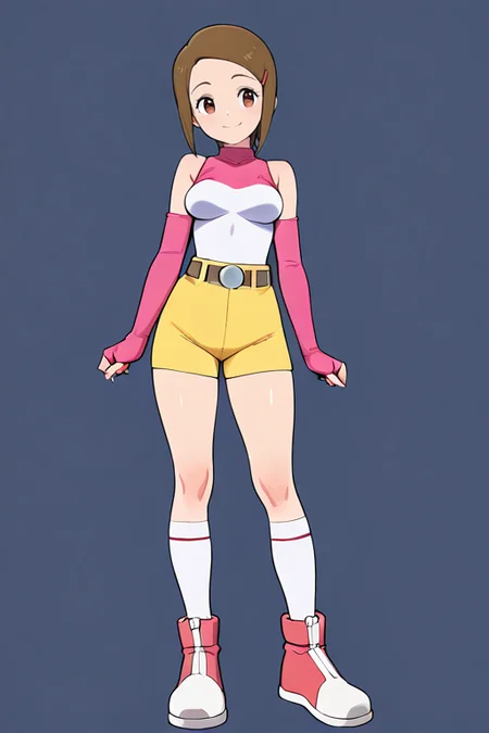 masterpiece, High quality, Ultra detailed, 2d, newest, absurdres, highres, BREAK
1girl, solo, <lora:yagami_hikari:0.8>, hikari_yagami, short hair, brown hair, hairclip, brown eyes,
medium breasts, hikaridef, sleeveless, skin tight, elbow gloves, fingerless gloves,  belt, yellow shorts, white socks, shoes, 
full body, standing, smile,