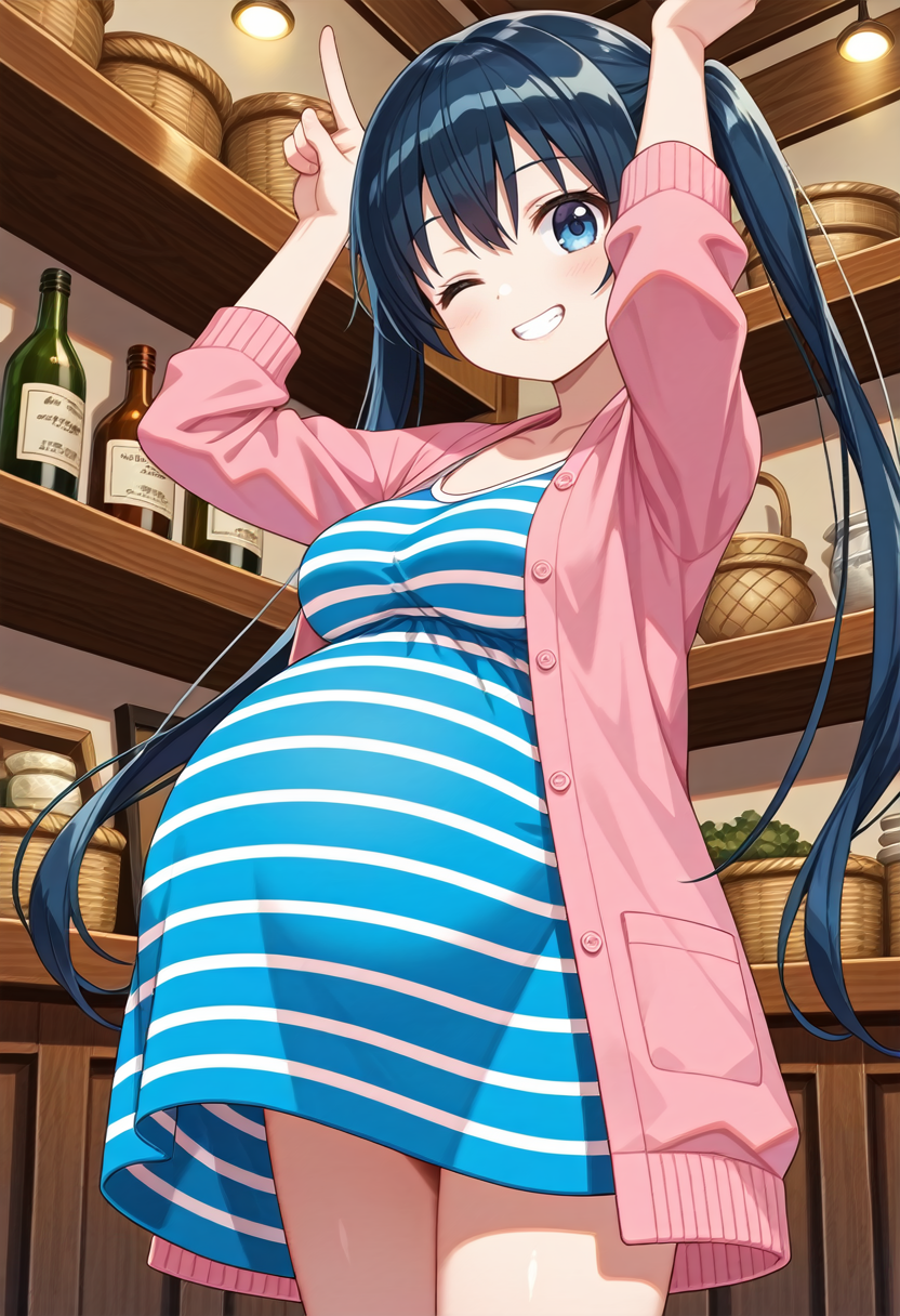 STYLE(comfy++,none) masterpiece, best quality, absurdres, 1girl, [tsukasawa takamatsu:cura, fuzichoco:0.3], torino aqua, komichi aya, kin-iro mosaic, blue eyes, blue hair, long hair, twintails, striped clothes, medium breasts, clothed, pregnant, big belly, standing, one eye closed,  evil grin, exhausted, looking at viewer, middle finger, index finger raised, arms up, cowboy shot, from below,  night, shop, game cg, <lora:Other/Pregnancy_Slider.safetensors:1.2000000000000002:1.2000000000000002> <lora:Tech/dmd2_sdxl_4step_lora_fp16.safetensors:1.0:1.0> <lora:Other/pregnant_c_v3.safetensors:1.0:1.0>