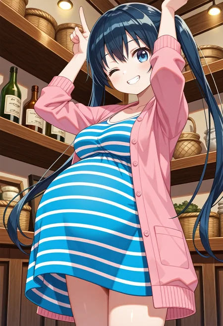 STYLE(comfy++,none) masterpiece, best quality, absurdres, 1girl, [tsukasawa takamatsu:cura, fuzichoco:0.3], torino aqua, komichi aya, kin-iro mosaic, blue eyes, blue hair, long hair, twintails, striped clothes, medium breasts, clothed, pregnant, big belly, standing, one eye closed,  evil grin, exhausted, looking at viewer, middle finger, index finger raised, arms up, cowboy shot, from below,  night, shop, game cg, <lora:Other/Pregnancy_Slider.safetensors:1.2000000000000002:1.2000000000000002> <lora:Tech/dmd2_sdxl_4step_lora_fp16.safetensors:1.0:1.0> <lora:Other/pregnant_c_v3.safetensors:1.0:1.0>