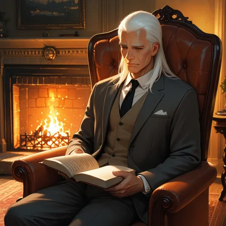 masterpiece, best quality, amazing quality, absurdres, newest, detailed background, definition so sharp, Ultra-HD, 8K cinematic, very awa, impressionate, amazing quality, highres,
solo, male focus, manly,
daikakukokujouji, lieutenant_white hair, lieutenant_brown eyes, 1boy, solo, old man, long hair, holding book, reading, relaxed pose,suit jacket, vest, armchair, fireplace, warm glow, stately, sophisticated, comfortable, peaceful, knowledgeable, content, joyful, gentleman