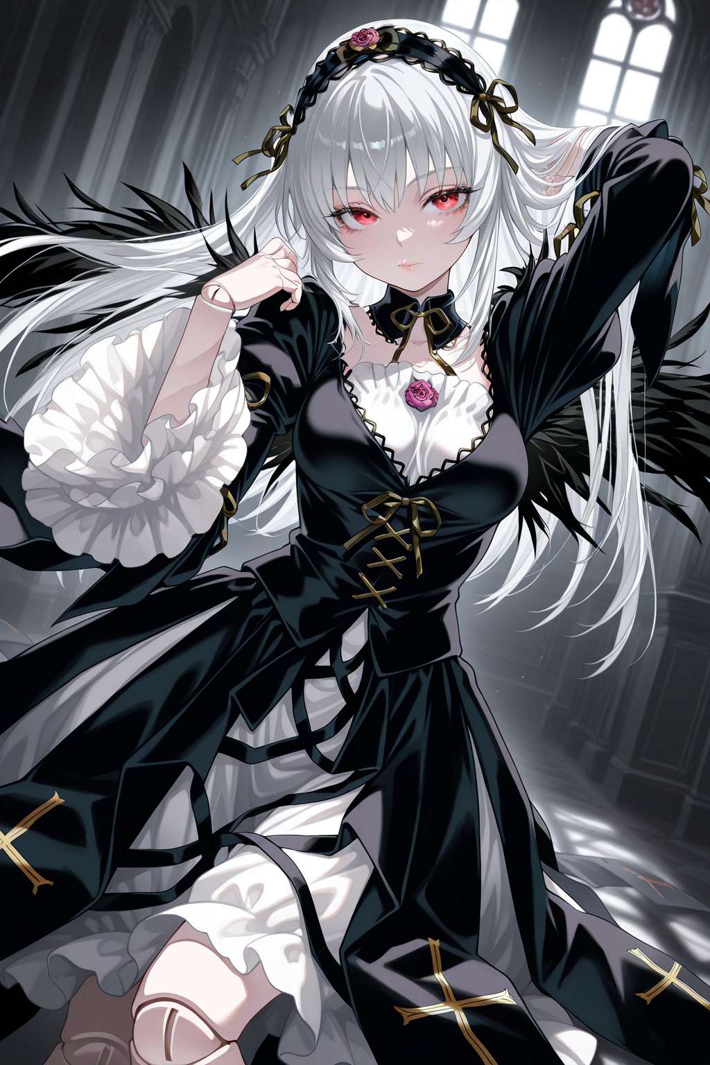 1girl, SuigintouRozenMaiden,
general, solo, dynamic angle,
long hair, white hair, red eyes, eyelashes, lips, doll joints, pale skin,
black hairband, detached collar, black ribbon, black dress,
breasts,
frilled sleeves,
black wings, cross print,
adjusting hair,
black theme, indoors,
<lora:kp_SuigintouRozenMaidenIllustrious_v1_0:1.0>,
masterpiece, best quality, amazing quality