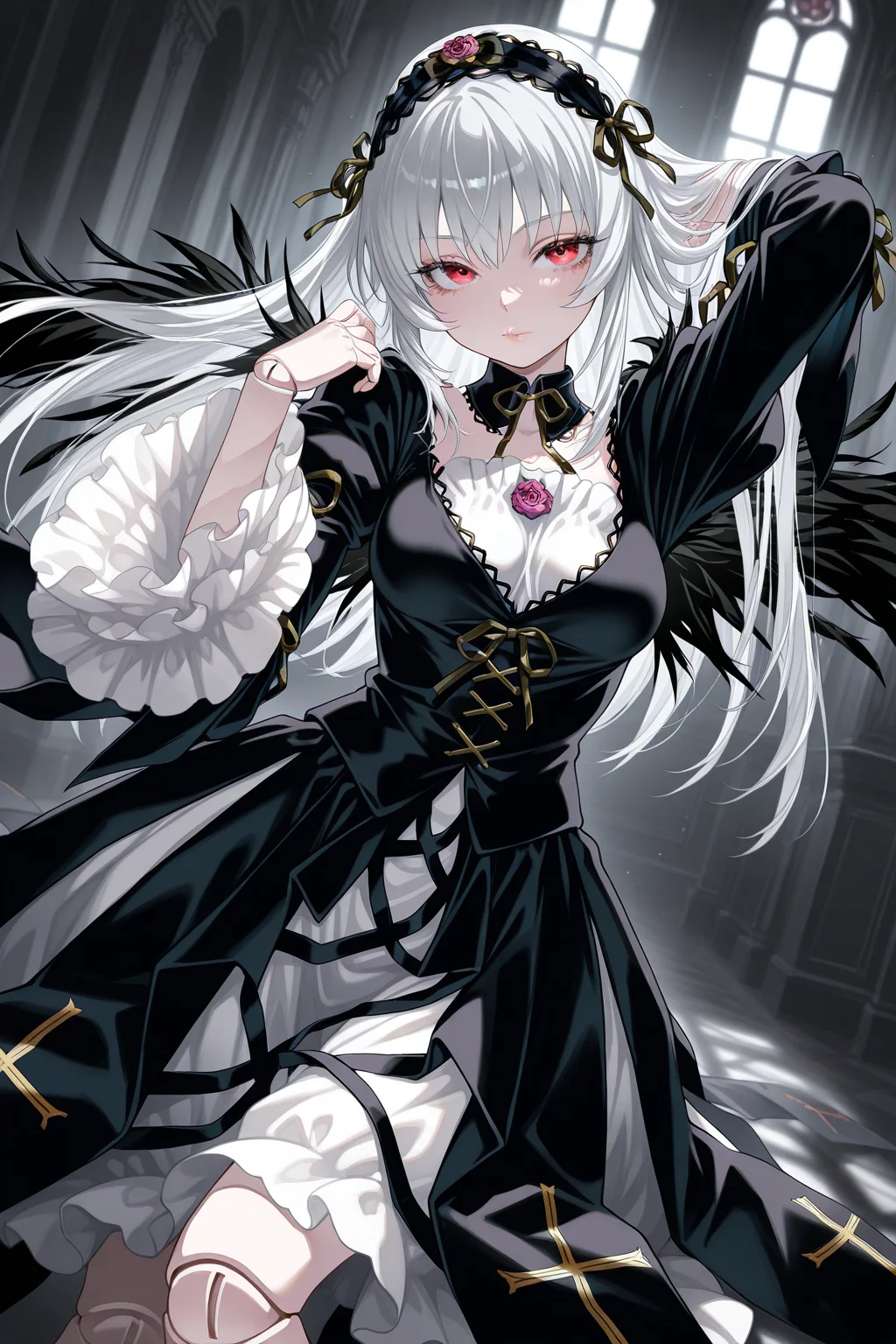 1girl, SuigintouRozenMaiden,
general, solo, dynamic angle,
long hair, white hair, red eyes, eyelashes, lips, doll joints, pale skin,
black hairband, detached collar, black ribbon, black dress,
breasts,
frilled sleeves,
black wings, cross print,
adjusting hair,
black theme, indoors,
<lora:kp_SuigintouRozenMaidenIllustrious_v1_0:1.0>,
masterpiece, best quality, amazing quality