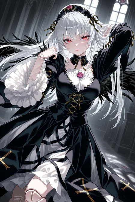 1girl, SuigintouRozenMaiden,
general, solo, dynamic angle,
long hair, white hair, red eyes, eyelashes, lips, doll joints, pale skin,
black hairband, detached collar, black ribbon, black dress,
breasts,
frilled sleeves,
black wings, cross print,
adjusting hair,
black theme, indoors,
<lora:kp_SuigintouRozenMaidenIllustrious_v1_0:1.0>,
masterpiece, best quality, amazing quality