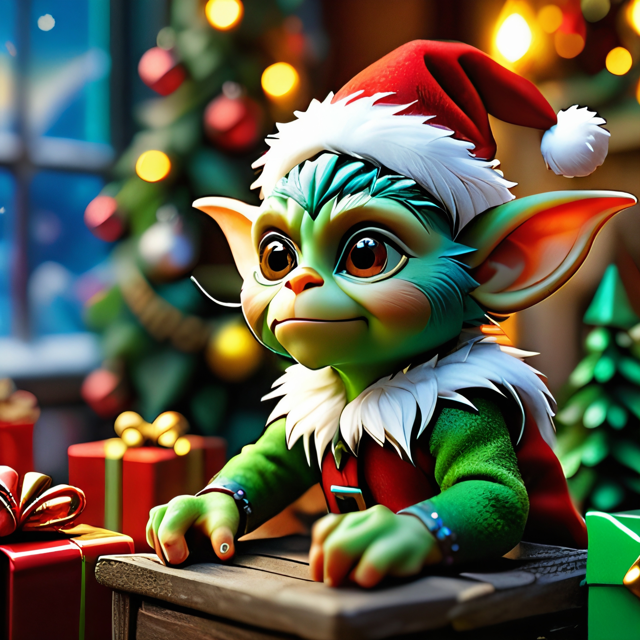 masterpiece, intricate photo, christmas gremlin, background kids elven toy factory at the north pole, christmas tree, festively decorated, christmas gifts, photo realistic, hyper realistic, highly detailed, sharp focus, best quality, high resolution, colorful, vibrant colors, studio lighting, 8K