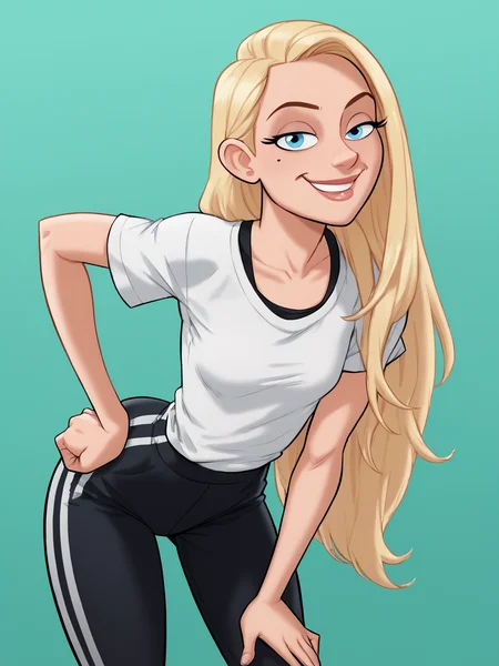 score_9, score_8_up, score_7_up,  score_6_up, BREAK, DLT style, LilLily, 1girl, long hair, female, blue eyes, blonde hair, flat chest, looking at viewer, smile, simple background, medium breasts, standing, cowboy shot, hands on hip, leaning forward, green background, aqua background,  <lora:DLToon_style:0.8>  <lora:LilLily:1>