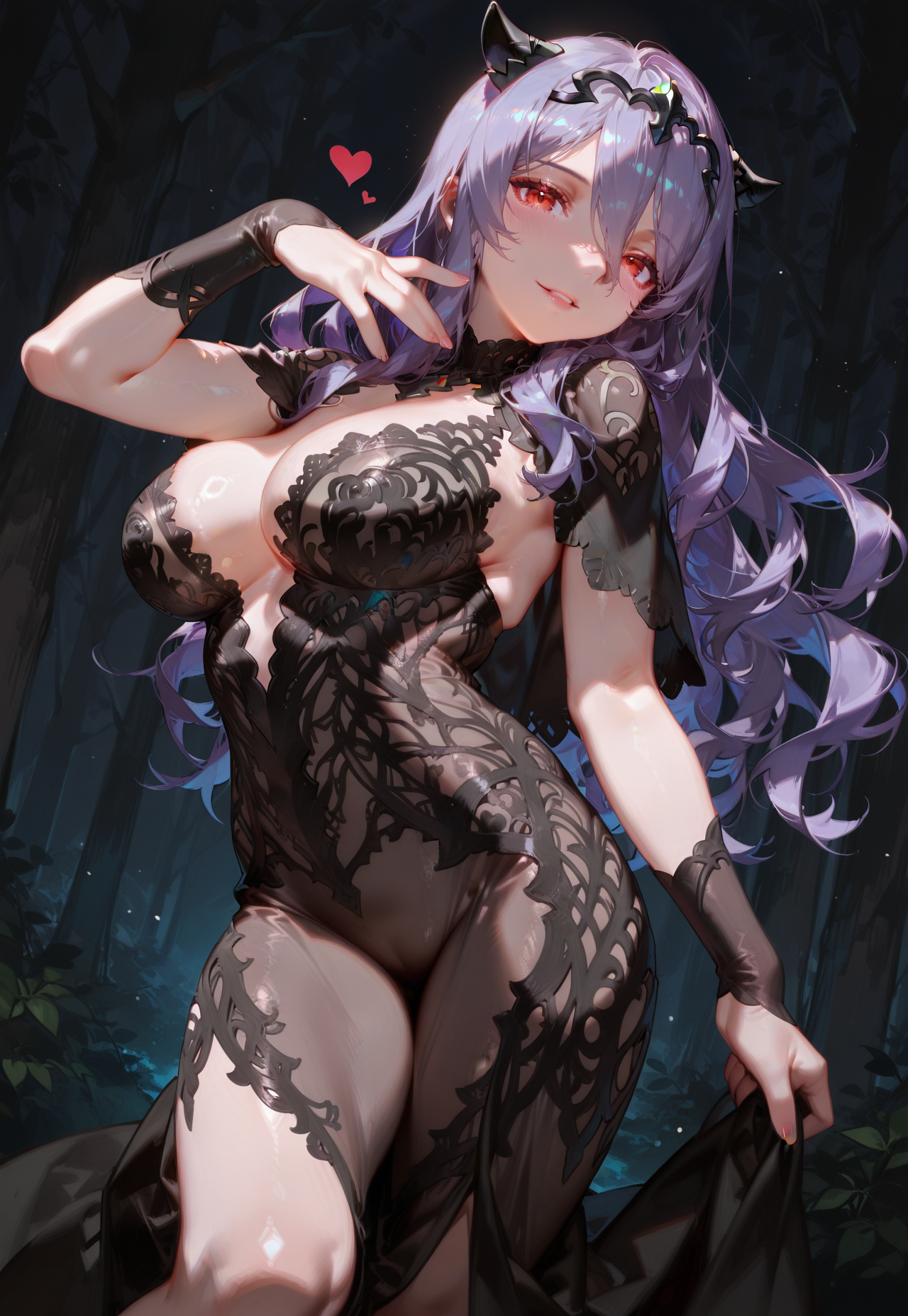 1girl,  (aoin, ciloranko:0.6,)
mature female, curvy,  light blush, closed mouth, seductive smile, parted lips, heart, looking at viewer, taira, horns, (jojo pose,)  large breasts,  chronopattern dress, camilla \(fire emblem\), dynamic pose:0.4, feet out of frame, 
dark background, forest,  female focus, dramatic light, 
(very awa, masterpiece, best quality, year 2025, newest, highres, absurdes:1.2), dutch angle,  <lora:chronopattern_dress:1>   <lora:kame_3:0.7>