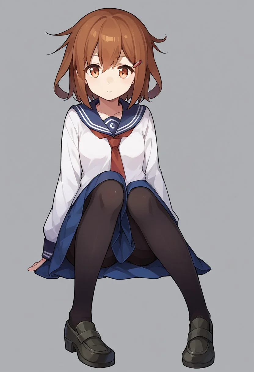 score_9, score_8, score_7, source_anime, ikazuchi (kancolle), hairclip, pantyhose, black pantyhose, upper body, shoes, sitting, small breasts, blue skirt, :d, long sleeves
