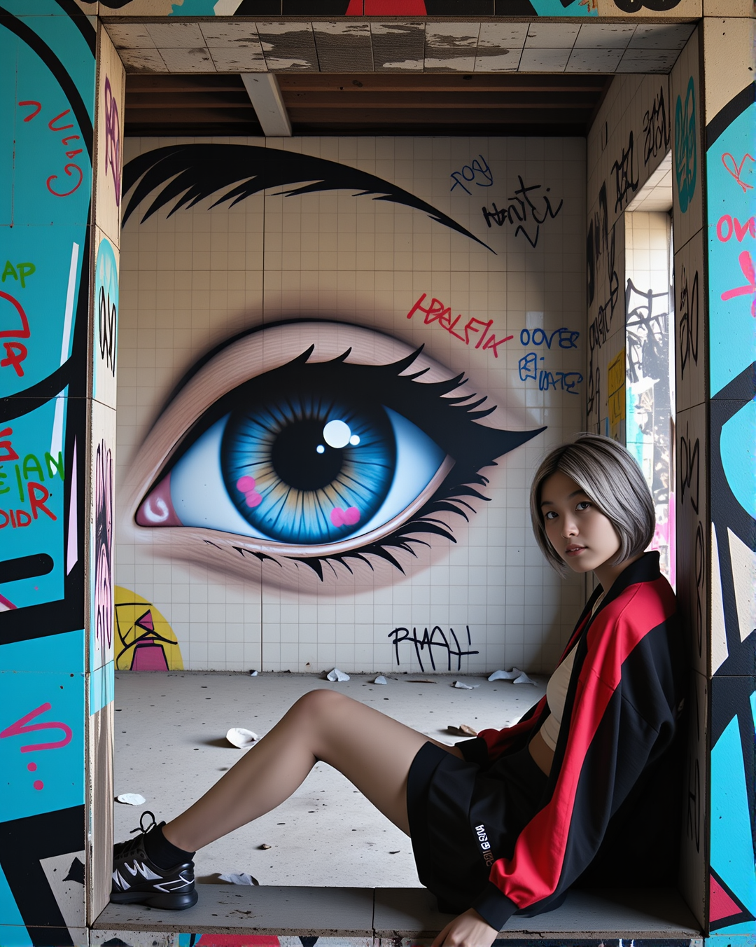 A photo of a large, abstract graffiti mural of an eye on the tile wall of an abandoned building, seen through a rectangular opening. The mural's piercing eyes dominate the scene, blending with the decaying structure and remnants of tiles in the background. Surrounding the mural, the walls are heavily covered in colorful graffiti tags and messages in various colors, including red, blue, and black. The atmosphere is urban, gritty, and artistic, with a mix of destruction and creativity. A <lora:ts_f1d_monazite20240906_2000:0.8> <lora:ts_f1d_smaltite20240905_2000:0.35> 20 year old Burmese girl with medium skin tone and silver hair is close-up and wearing techwear skirt and jacket, sitting and reclining against the side of the rectangular opening, side profile looking back at camera making eye contact. her face and clothes are lit by patches of neon fluorescent lights. The scene suggests a location that has been left to decay but has become a canvas for street art. muted colors, professional studio lighting, film grain, high quality, 35mm Olympus vintage film <lora:techwear_dev_f1:1.0> <lora:Dever_Flux_Enhancer:0.33>