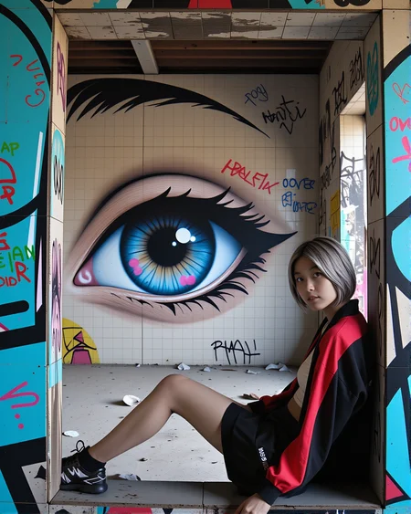 A photo of a large, abstract graffiti mural of an eye on the tile wall of an abandoned building, seen through a rectangular opening. The mural's piercing eyes dominate the scene, blending with the decaying structure and remnants of tiles in the background. Surrounding the mural, the walls are heavily covered in colorful graffiti tags and messages in various colors, including red, blue, and black. The atmosphere is urban, gritty, and artistic, with a mix of destruction and creativity. A <lora:ts_f1d_monazite20240906_2000:0.8> <lora:ts_f1d_smaltite20240905_2000:0.35> 20 year old Burmese girl with medium skin tone and silver hair is close-up and wearing techwear skirt and jacket, sitting and reclining against the side of the rectangular opening, side profile looking back at camera making eye contact. her face and clothes are lit by patches of neon fluorescent lights. The scene suggests a location that has been left to decay but has become a canvas for street art. muted colors, professional studio lighting, film grain, high quality, 35mm Olympus vintage film <lora:techwear_dev_f1:1.0> <lora:Dever_Flux_Enhancer:0.33>