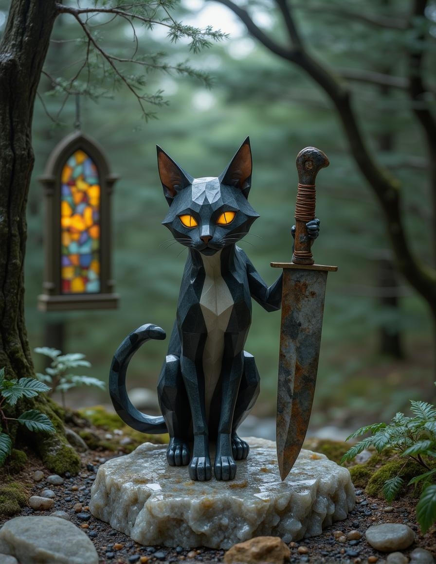 <lora:ck-polygon-gems-0019.safetensors:1> a crafted gemstone model in the style of cklg featuring a
In the heart of an ancient forest, the air is thick with the scent of moss and decay. The scene is bathed in the pale, spectral glow of moonlight, filtering through the skeletal branches of gnarled trees. A figure stands in the center, emerging from the shadows with an otherworldly presence. It is a large, anthropomorphic feline, its fur matted and tinged with the grays and browns of the forest floor. The cat’s eyes are wide, round, and glowing an eerie, luminous yellow, casting an unsettling light on its surroundings. Its fluffy tail, now frayed and worn, sways slowly, adding to the unsettling atmosphere.
The feline holds a massive, rusted knife, its blade worn and chipped, reflecting the moonlight in jagged, glinting streaks. The handle is wrapped in decayed leather, fraying at the edges. The knife seems out of place, almost comically large for the cat’s slender form, yet it adds a haunting, macabre element to the scene.
The forest around the feline is a tapestry of decay and survival. Trees are covered in weathered bark, their trunks twisted and gnarled. The ground is a mix of brown leaves and black soil, with patches of cracked, ancient stone peeking through. In the background, a stained-glass window, cracked and faded, hangs from a decaying tree, casting a mosaic of colored light on the forest floor.
The entire scene is infused with a sense of surreal detachment, as if viewed through a lens of gothic dreamscape. The muted earth tones of the forest are punctuated by the glowing yellow eyes and the occasional flicker of golden light, creating a stark, atmospheric contrast. The feline, with its whimsical yet unsettling presence, stands as a symbol of the uncanny beauty that resides in the shadows.