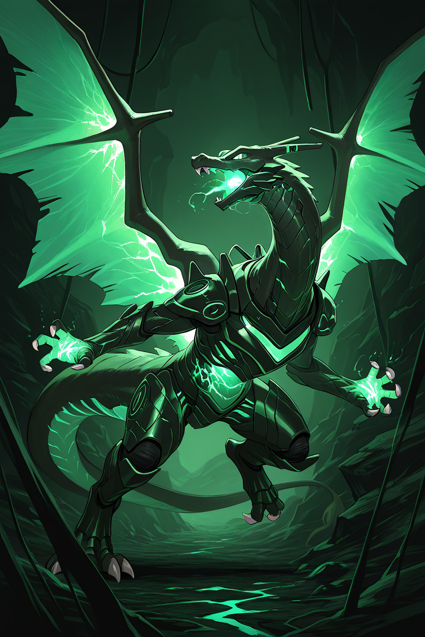 masterpiece, best quality,   <lora:CharizardPokedexIXL:1.0>,   no humans, solo, dynamic pose,  Charizard with biomechanical enhancement, glowing veins, organic armor, experimental, underground facility, genetic mutation, dark green lighting