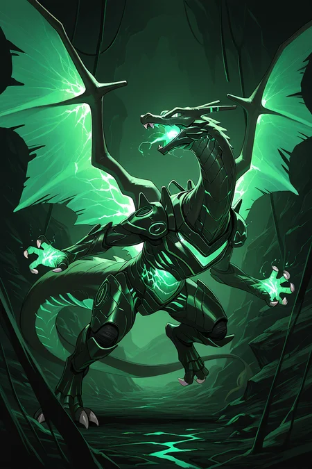 masterpiece, best quality,   <lora:CharizardPokedexIXL:1.0>,   no humans, solo, dynamic pose,  Charizard with biomechanical enhancement, glowing veins, organic armor, experimental, underground facility, genetic mutation, dark green lighting