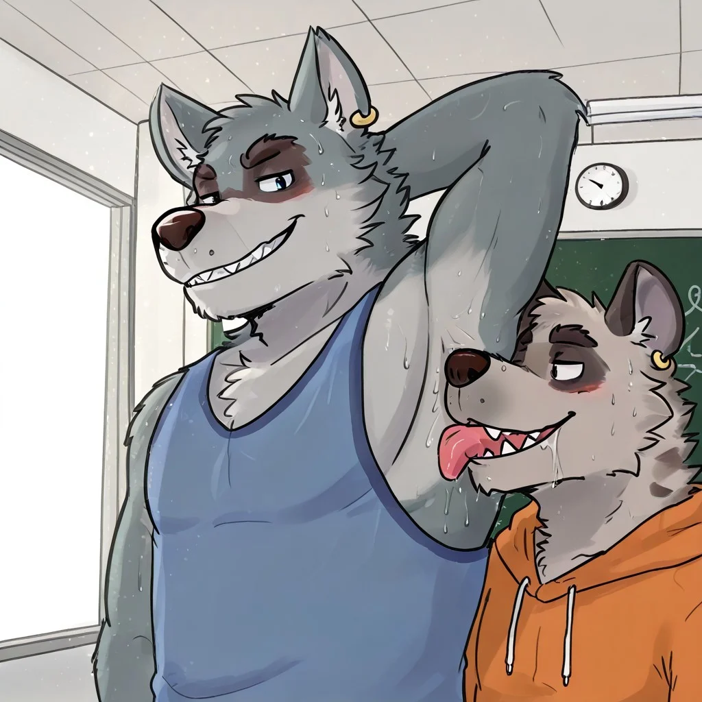 2 guys, furry, male on male, BREAK,1guy(Tysonvn, blue eyes ,wolf, side view, profile, chest up, armpit focus, raised arm, looking at viewer, evil grin, sharp teeth, athletic body, sweat, musk clouds, blue tank top, golden earring, presenting armpit, arm up), BREAK, 1guy(Dave[PASSWORD], hyena, mammal, striped hyena, animal, animal ears, anthro, furry, brown markings on face, brown markings on hands, brown markings, eyebrows, grey fur, grey body, brown eyes, hyena ears, brown ears, male, male character, (Male Anthro Hyena:1.5), armpit fur, licking armpit , blush, drooling, orange hoodie) ,BREAK, close-up,afternoon, sunlight, classroom, masterpiece, hires, newest, best quality, deep of field, volumetric light, c0b4ltsyn4ps3