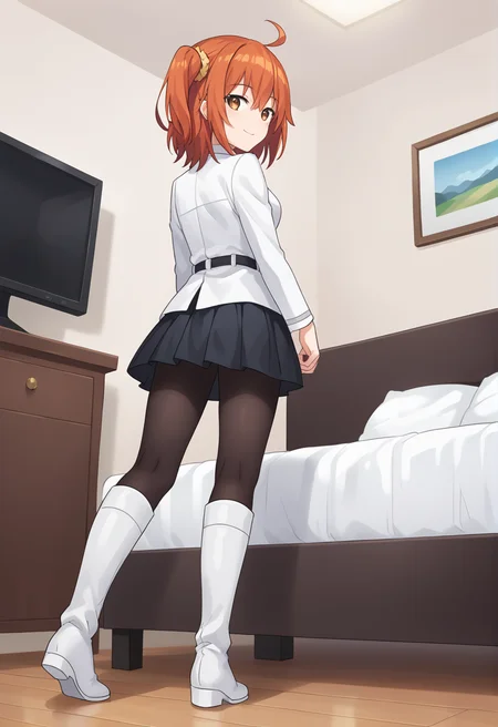 score_9, score_8_up, score_7_up, source_anime, masterpiece, best quality, highly detailed background, cinematic lighting, detailed eyes, detailed pupils, perfect face, fujimaru ritsuka, unique outfit, side ponytail, pantyhose, white boots, looking at viewer, standing, cute, smile, bedroom, bed, dresser, TV, low angle, facing away, looking back,
<lora:Fujimaru Ritsuka (Female)_Pony:0.8>