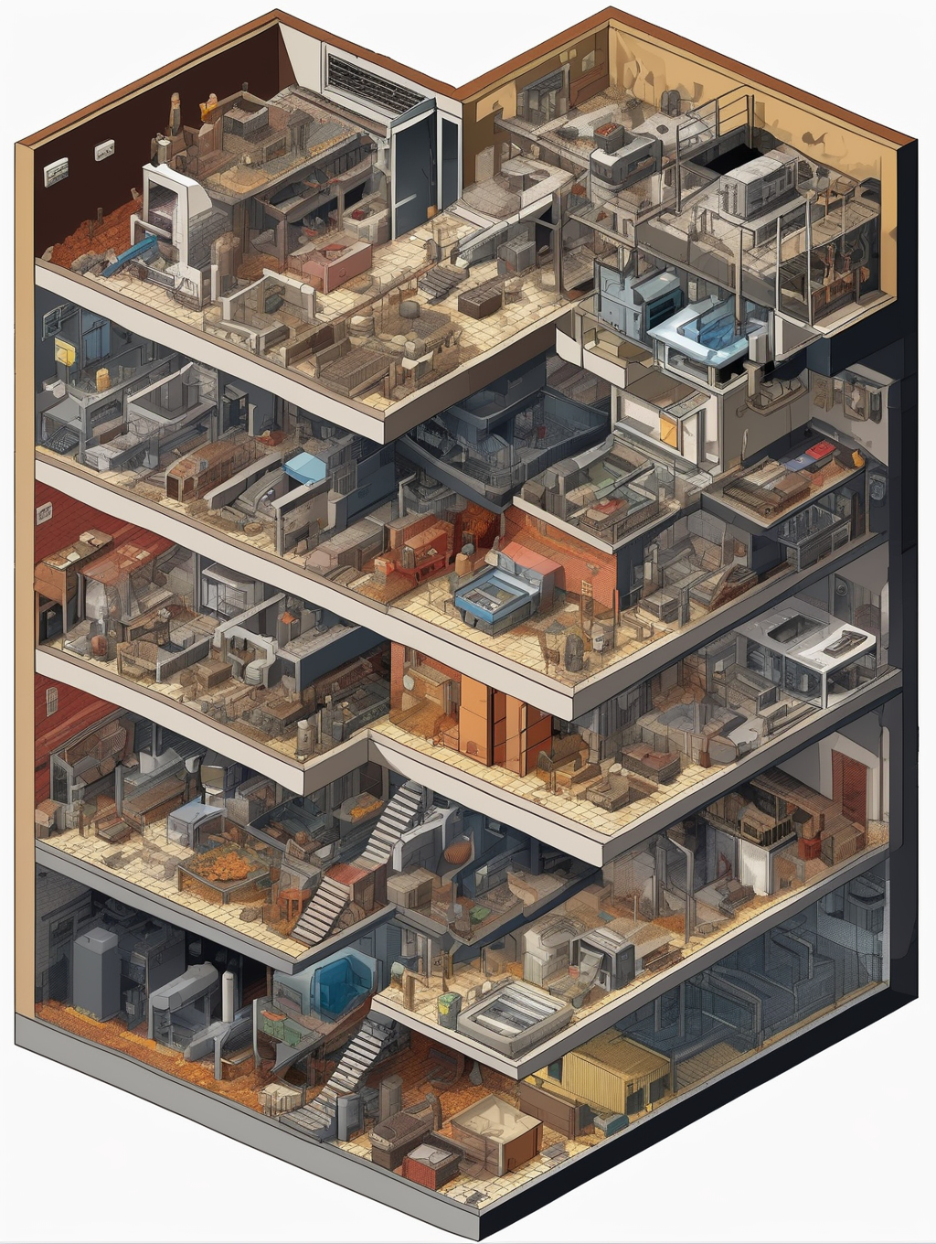<lora:Isometric Cutaway:1>Isometric Cutaway - Isometric clean pixel art image cutaway of inside of Sectional view of the three-story underground shelter, the end of the world, the ground floor, the mess, the lattice room, the factory farm on the second floor,