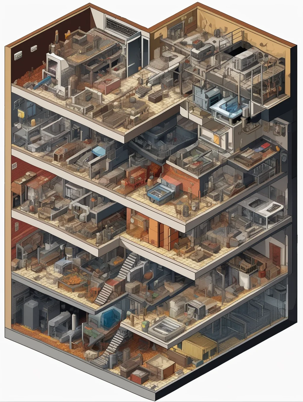 <lora:Isometric Cutaway:1>Isometric Cutaway - Isometric clean pixel art image cutaway of inside of Sectional view of the three-story underground shelter, the end of the world, the ground floor, the mess, the lattice room, the factory farm on the second floor,