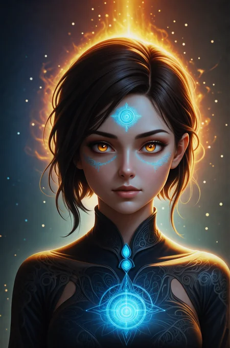 realistic shadows, depth of field, bokeh, 1girl, adult (elven:0.7) woman, amber eyes, dark brown wedge cut hair, solo, from front, front view, (full body:0.6), (closed eyes:1.1), detailed background, detailed face, (void theme:1.1) glowing magical third eye on forehead, eye tattoo, illusionist, psychic powers, awareness, mind control, hypnosis, enchantment, psychomancy, clairvoyance, mesmerizing, aura, mind portal, mind energy, magical blue psychic energy emanating, updraft, magic in background, ethereal atmosphere,