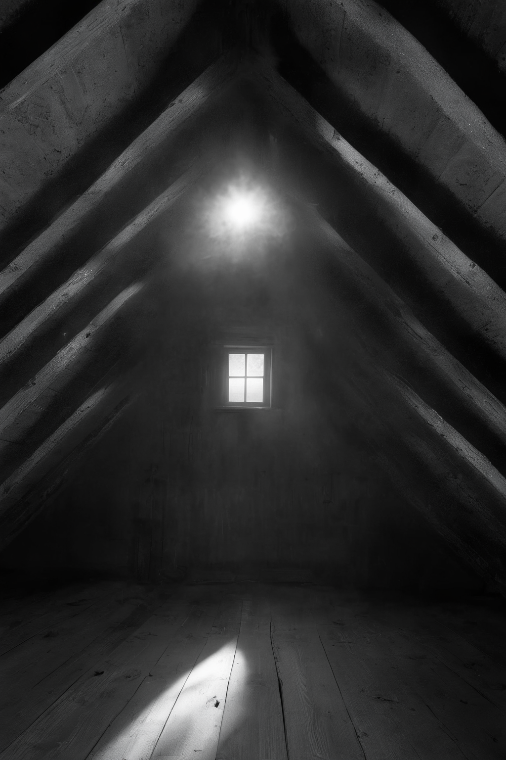 <lora:Photographer Elena Helfrecht Style:1>Photographer Elena Helfrecht Style - a black and white photo of an attic with a light shining through the roof
