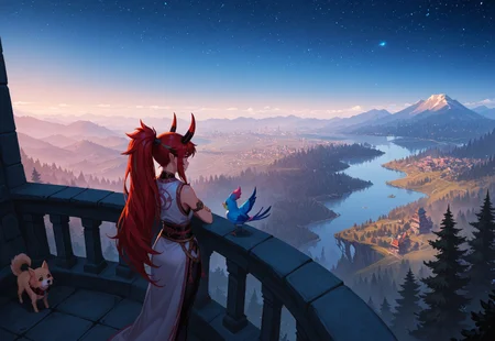 klskx ,  distant shot, landscape,
masterpiece, best quality, amazing quality, a romantic view from a cliff of a small city and a forest with lake, fantastical composition, with 
1girl( Oni, Reika, Zeriastra, Skybreaker,red hair, streaked hair, long hair ponytail, ponytail, short hairs, red and black horns, spiky horns) leaning onto a balcony, watching the view, very romantic, melanconic, malinconic, a little colorful bird is next to her, a small kitten and a small dog are also near her, fantastic sky, magical, magical, magical
