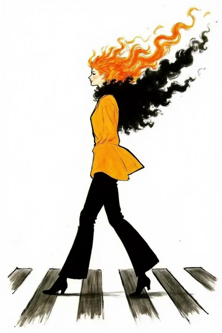 regr1 sketch. Profile of a woman with long black hair walking across the street at zebra crossing. Her hair is on fire, with black Smoke coming out of her head. The background is stark white. <lora:regr2_fashion_nocap_d6a3:1.0><lora:807672178003913795:0>