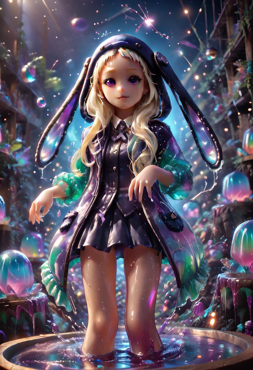 best quality, masterpiece, ultra-detailed,1 girl. jelly style, jelly girl, yomozuki runa, blonde hair, hood on, hood with long black rabbit ears, purple eyes, long hair, uniform, kigurumi, black animal ears, 
BREAK anthropomorphic , shaking legs, in heat, o-face, Sexy pose, dynamic viewing angle, cowboy shot, playful lighting,
<lora:bad_prompt_version2-neg:1> <lora:By bad artist -neg:1> <lora:Jelly_Style:1>