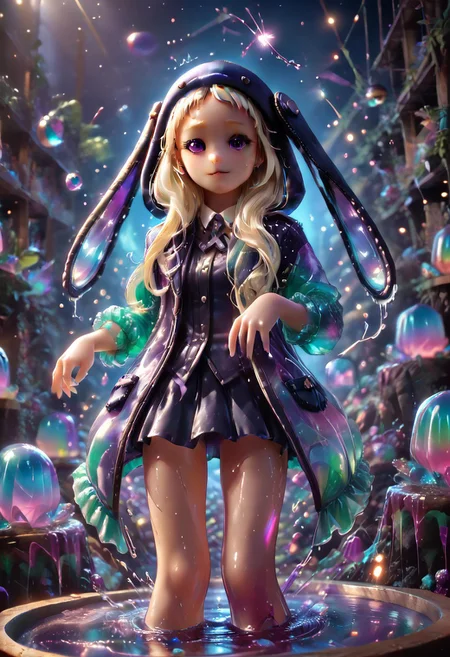 best quality, masterpiece, ultra-detailed,1 girl. jelly style, jelly girl, yomozuki runa, blonde hair, hood on, hood with long black rabbit ears, purple eyes, long hair, uniform, kigurumi, black animal ears, 
BREAK anthropomorphic , shaking legs, in heat, o-face, Sexy pose, dynamic viewing angle, cowboy shot, playful lighting,
<lora:bad_prompt_version2-neg:1> <lora:By bad artist -neg:1> <lora:Jelly_Style:1>