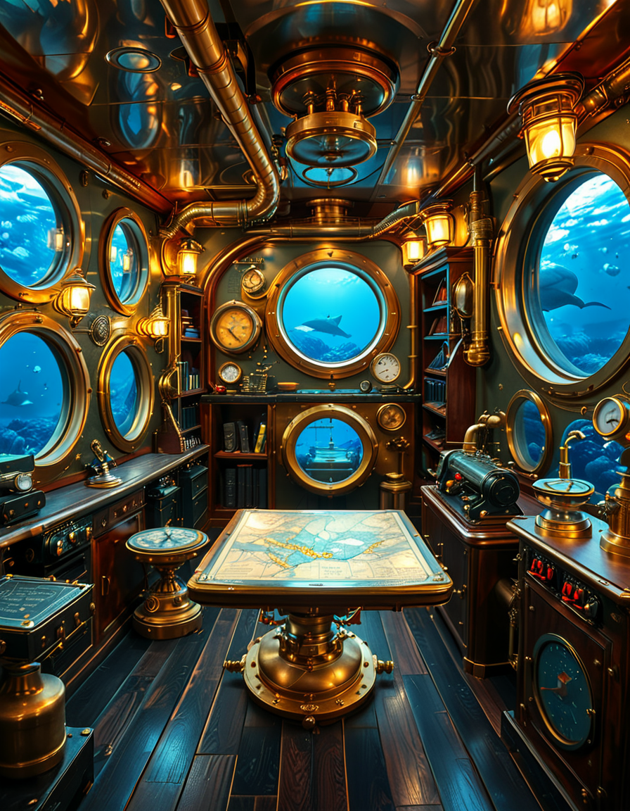 A stunning and intricate view of the interior of the Nautilus submarine, inspired by Jules Verneâs steampunk aesthetic. The room is a mix of Victorian elegance and advanced 19th-century marine engineering. The walls are lined with riveted brass and copper pipes, with intricate pressure gauges and mechanical levers. A massive, round glass porthole offers a breathtaking underwater view of deep-sea creatures swimming in the dark abyss. The warm glow of antique oil lamps and gaslights illuminates the space, casting soft golden reflections on the polished mahogany furniture and ornate brass railings. A large wooden desk is covered with old nautical charts, compasses, and a logbook filled with Captain Nemoâs notes. In the background, a library with leather-bound books and scientific instruments is neatly arranged on wooden shelves, emphasizing the scholarly and adventurous nature of the vessel. The ambiance is a perfect fusion of mystery, science fiction, and vintage maritime beauty, evoking a sense of wonder and deep-sea exploration.<lora:SDXLFaeTastic2400:0.4> <lora:extremely_detailed:0.4> extremely detailed, <lora:Nautilus_subm4r1n3:1>,Nautilus subm4r1n3, Masterpiece,best quality,hi res,8k,hi res,8k,award winning,(sharp focus, intricate, highly detailed),