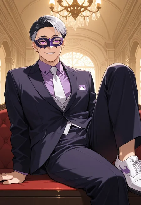 masterpiece, best quality, absurdres, newest, perfect quality, best quality, absolutely eye-catching, detailed background, intricate details, male, 1boy, mature man, aged man, solo, male focus, mbti_entp, black hair, gray side hair, multicolored hair, pink eyes, suit, black blazer with ametyst crystal ornament, purple shirt, white neck tie with purple bear print, white leather shoes, indoor, ballroom, warm natural lighting, lively and bustling atmosphere, background details visible, cheeky expression, smile, mouth open, mask, purple masquerade mask with purple crystal ornament, pink feather ornament on side hair