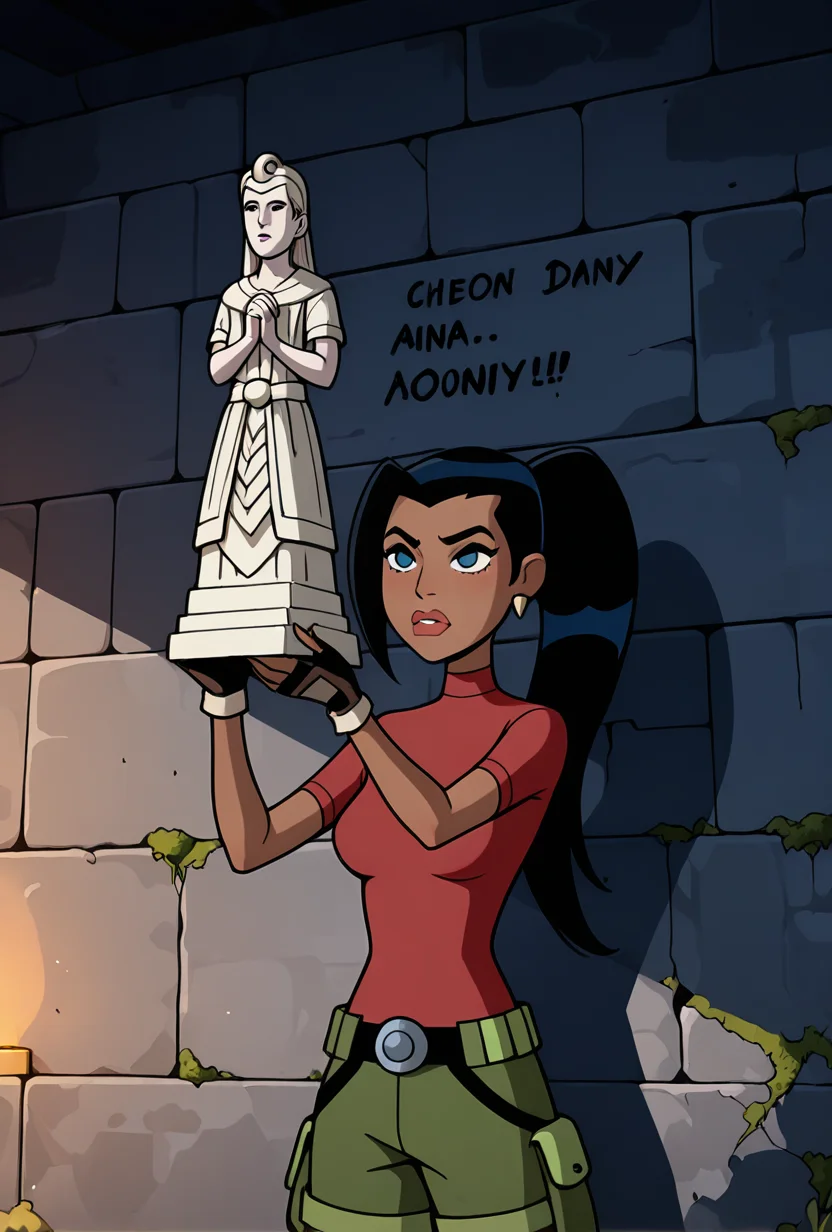 <lora:ovkai-10:1> ovkai, 1girl, long hair, black hair, dark skin, ponytail, earrings, lips, red shirt, short sleeves, turtleneck, green cargo shorts, fingerless gloves, dynamic pose, amazing quality, best quality, facial expression , cartoon, , inside ancient tomb, ancient temple, old temple, dark, moss, heliographic, wall writing, holding statue,