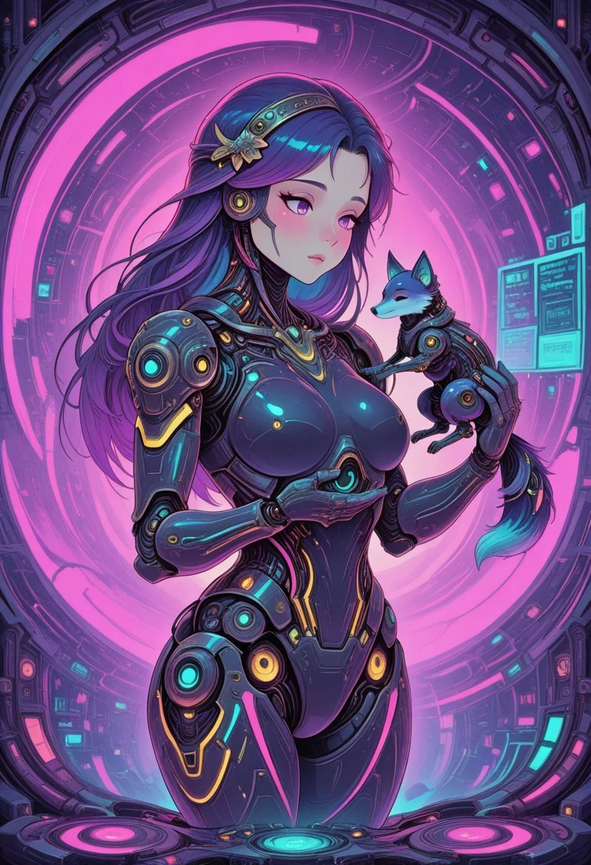 1girl, android girl, holding a robotic fox, neon circuitry, deep cyber blue and purple lighting, futuristic pet bonding, holographic interface overlay masterpiece, best quality, amazing quality, very aesthetic, absurdres, detailed eyes, newest, pinkneoncybercore, <lora:PinkieNeonCybercoreIL:1>, noveau, art noveau