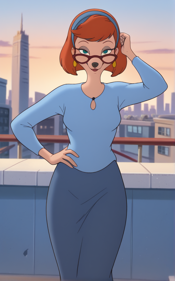 score_9, score_8_up, score_7_up, contrapposto, hand on hip, sunset, sidelighting, cityscape, vanishing point, outdoors, depth of field, solo, looking at viewer,   <lora:PONYXL_GoofyM_SylviaMarpole_ownwaifu:1>, BREAK BlueShirt_SylviaMarpole_ownwaifu, 1girl, animal nose, blue hairband, dog girl, furry female, glasses, green eyes, orange hair, snout, short hair, blue shirt, body fur, long sleeves, bob cut, red-framed eyewear, semi-rimless eyewear, sidelocks, bangs, blue pants, earrings, jewelry, medium breasts, swept bangs, blue sweater, makeup, shirt tucked in, blue dress, eyeshadow, round eyewear, long skirt, hair ornament, <lora:Expressive_H:0.15> <lora:add-detail-xl:0.15>,