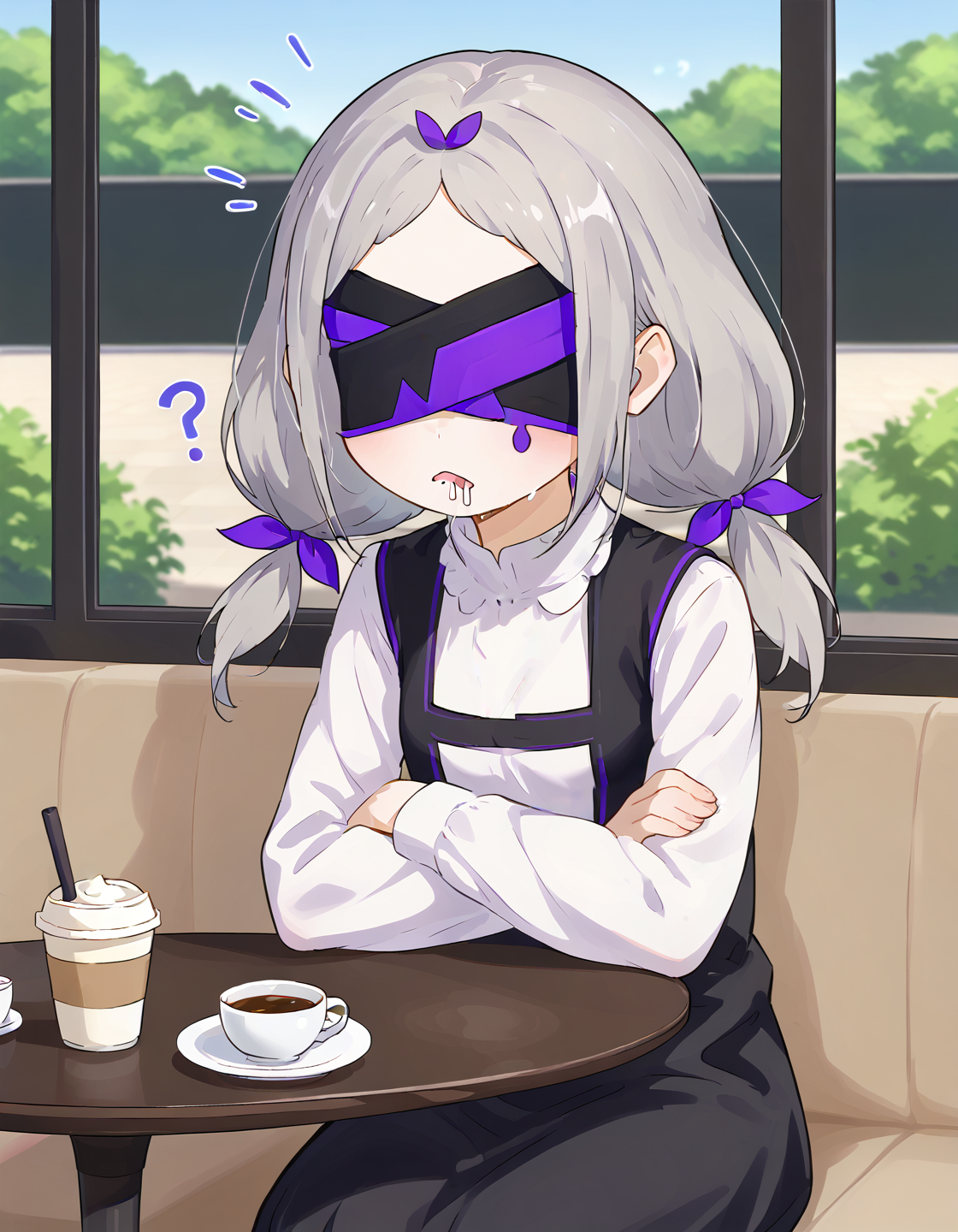 <lora:Daphne_ReZero_V2:1>, grey hair, daphne, blindfold, twintails, cafe, sitting, confused, drool, solo, (score_9,score_8_up,score_7_up)