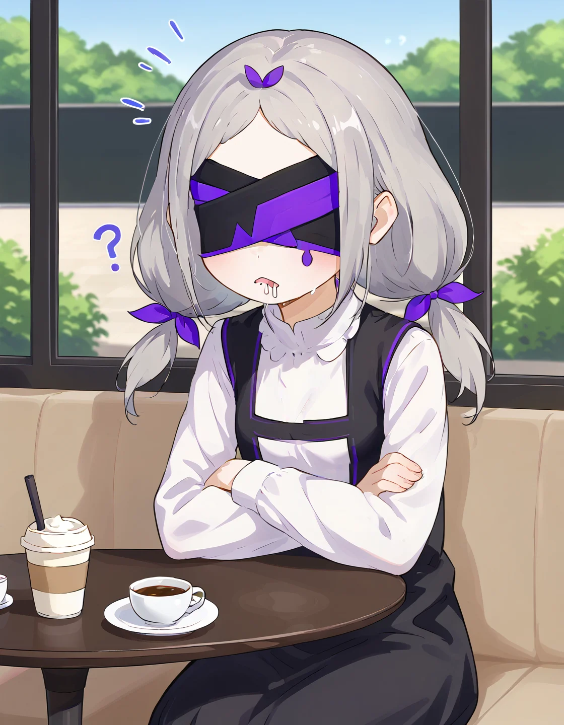 <lora:Daphne_ReZero_V2:1>, grey hair, daphne, blindfold, twintails, cafe, sitting, confused, drool, solo, (score_9,score_8_up,score_7_up)