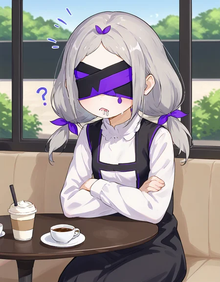 <lora:Daphne_ReZero_V2:1>, grey hair, daphne, blindfold, twintails, cafe, sitting, confused, drool, solo, (score_9,score_8_up,score_7_up)