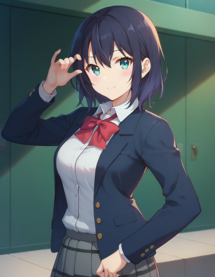 score_9,score_8_up,score_7_up,score_6_up BREAK official art,solo,outdoors,upper body,(portrait:1.5),looking at viewer,facing viewer,smile,Adachi Sakura,medium hair,dark blue hair,sidelocks,hair between eyes,bangs,aqua eyes,school uniform,blazer,blue jacket,wing collar,open clothes,open jacket,red bowtie,red bow,light blue cardigan,white shirt,collared shirt,long sleeves,medium breasts,skindentation,miniskirt,grey skirt,pleated skirt,plaid skirt,thighs,black socks,loafers,<lora:Adachi Sakura(as)-Pony:1.5>,<lora:Smooth Anime Style LoRA XL:0.8>,