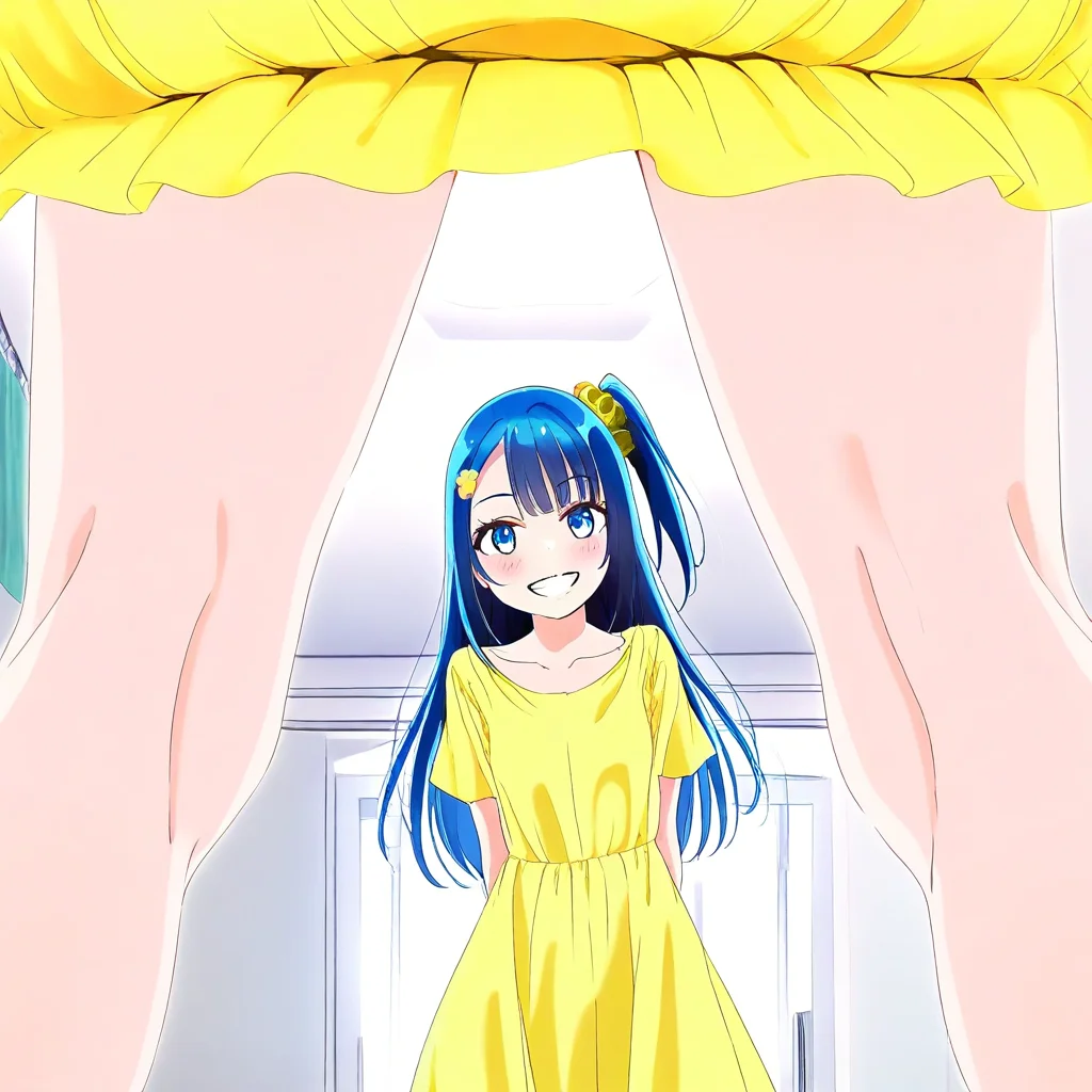 smile, blue eyes, one side up, blush, dress, hair ornament, looking at viewer, grin, blue hair, long hair, bangs, collarbone, hair scrunchie, kneepits, yellow dress, multiple girls, short sleeves, 1girl, indoors, standing, solo focus