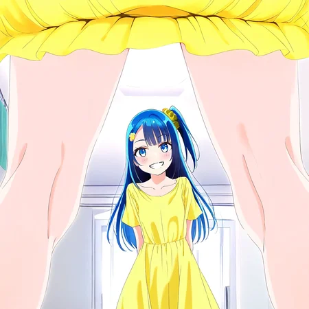 smile, blue eyes, one side up, blush, dress, hair ornament, looking at viewer, grin, blue hair, long hair, bangs, collarbone, hair scrunchie, kneepits, yellow dress, multiple girls, short sleeves, 1girl, indoors, standing, solo focus