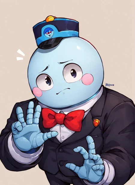 score_9, score_8_up, score_7_up, <lora:bslou:1>bslou , 1 boy , robot, black hat , Elegant Hat , blue body , blush stickers, red bowtie , black suit , looking at viewer,
