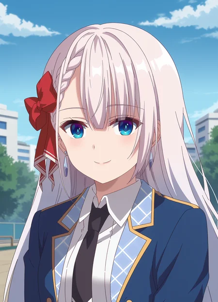 <lora:Riselia_Ray_Crystalia-Seiken_Gakuin_no_Makentsukai:1>,Riselia,1girl,solo,earrings,long hair,blue eyes,bow,hair bow,braid,school uniform,black necktie,jacket,white shirt,blue jacket,upper body, looking at viewer, smile,closed mouth, outdoors,sky