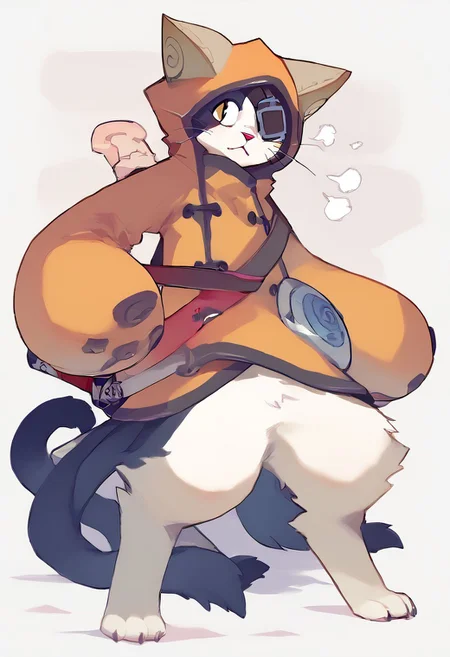 score_9, score_8_up, score_7_up, animal ear, hood, animal hood, tail, multiple tails, eyepatch, furry male, furry, cat boy, anthro, sword, scabbard