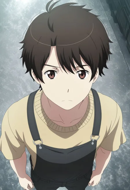 high resolution, solo, best quality, 1Boy, Inaho Kaizuka, Black Hair, Brown Eyes, standing, straight facing upwards, casual, seen from above, arrogant face, dominant, intimidate, OverallDetail
