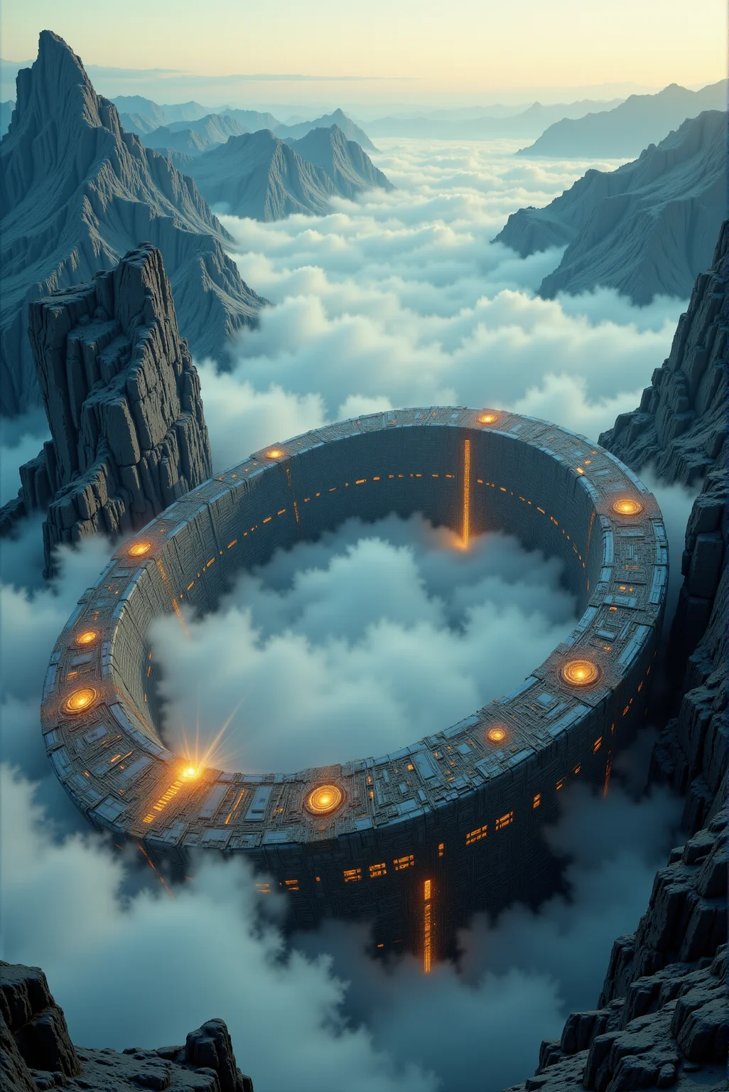 <lora:Legacy_of_the_forerunners_v.2:0.75>
An immense, ring-shaped megastructure is seamlessly embedded within a towering mountain range, partially concealed by sharp, jagged peaks that rise through a dense sea of clouds. The ring itself is vast and awe-inspiring, its curved surface etched with intricate patterns of illuminated gridwork, glowing golden-orange from thousands of internal lights like a massive celestial circuit. The colossal arch appears ancient yet advanced, its architecture blending futuristic engineering with monolithic permanence, as if it has existed for eons, untouched by time. Its metallic surface reflects faint hues of the overcast sky, and subtle atmospheric haze adds depth and mystery to its curved form. Wisps of clouds drift through and around the ringâs inner expanse, where more glowing details and corridors recede into shadowy interiors, suggesting immense internal spaces or possibly gateways to other dimensions. Towering rock spires surround the ring like guardians of an ancient secret, their textures deeply weathered and rendered in high contrast against the softly illuminated fog. The scene is captured from a soaring aerial perspective with a cinematic lens, emphasizing the surreal contrast between natural majesty and alien technology, wrapped in an ambient twilight that enhances the epic, mythic mood of this hidden sanctuary among the clouds.