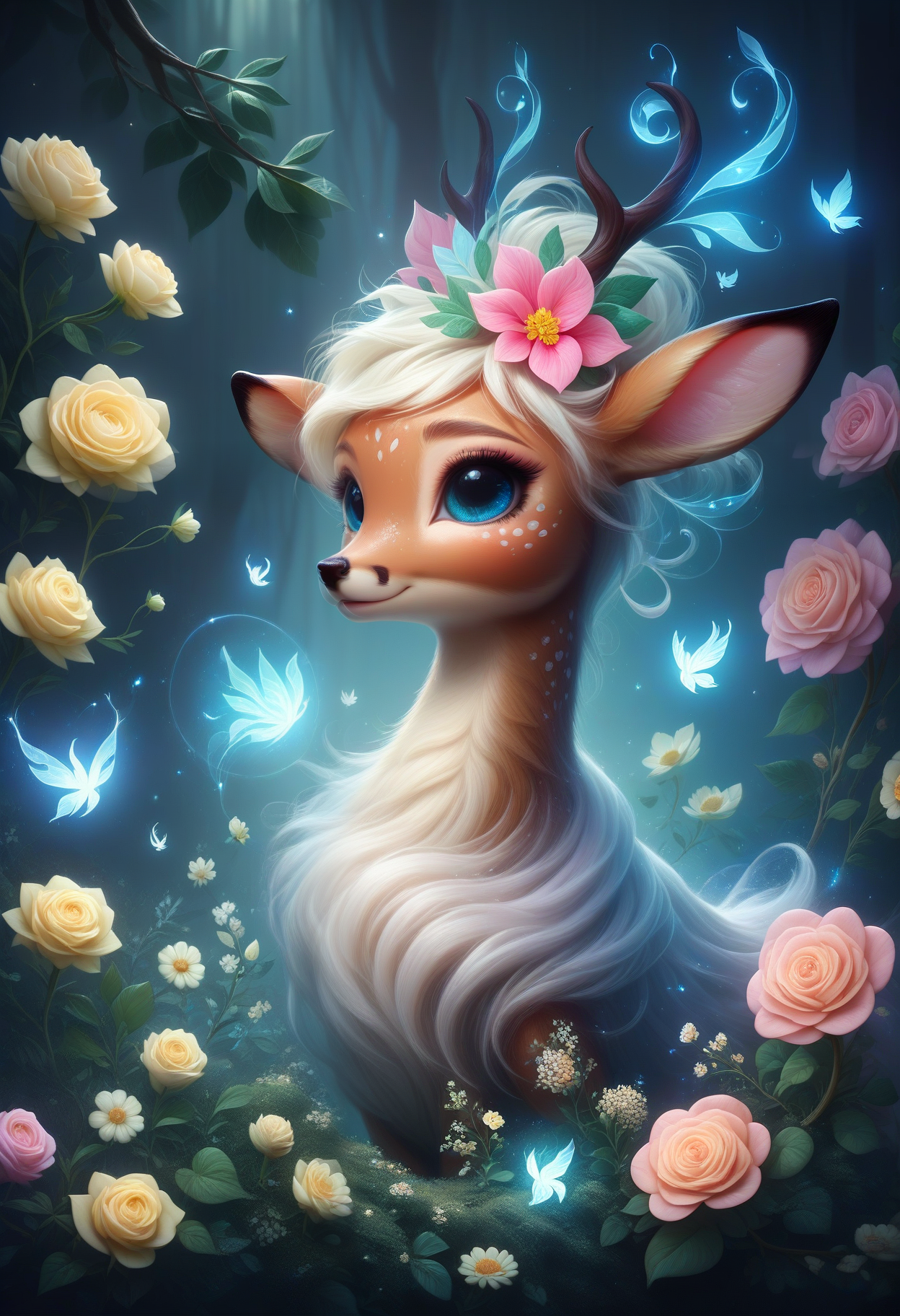 <lora:PonySpiritAnimals:1> Spirit animal, score_9, score_8_up, score_7_up, score_6_up, score_5_up, score_4_up, cute cartoon character, fawn enjoying springtime flowers, realistic, extremely detailed