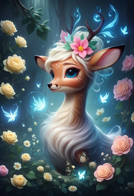 <lora:PonySpiritAnimals:1> Spirit animal, score_9, score_8_up, score_7_up, score_6_up, score_5_up, score_4_up, cute cartoon character, fawn enjoying springtime flowers, realistic, extremely detailed